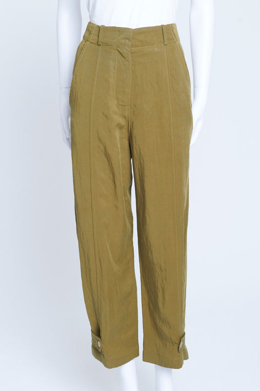 Khaki Crinkle Effect Tapered Trousers With Ankle Fastening