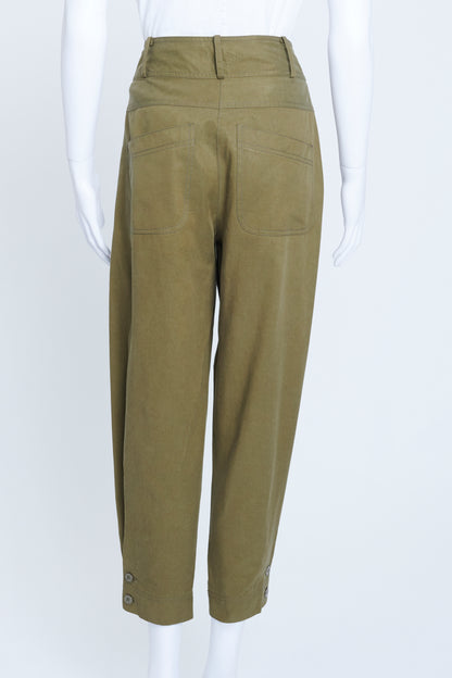 Khaki Cotton Mix Tapered Leg Trousers With Ankle Button Detail