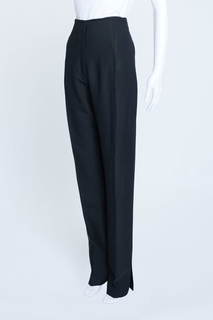 Black Wool Straight Leg Trousers With Ankle Side Slit