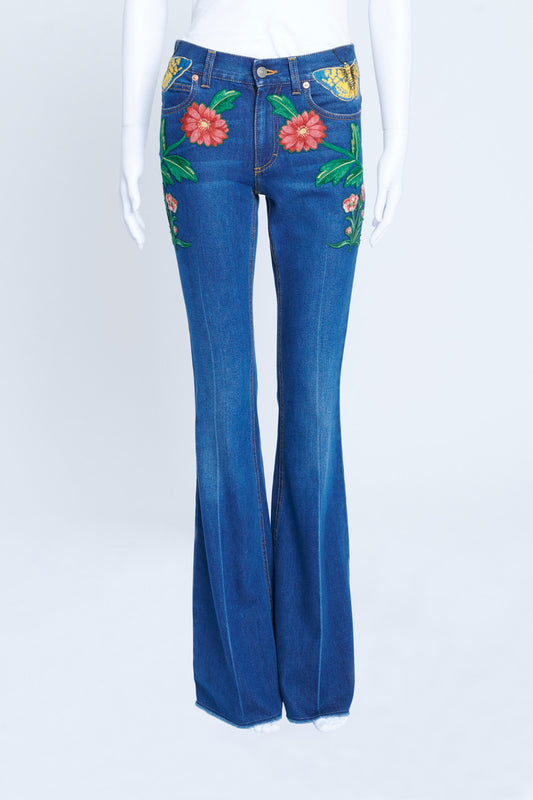 2016 Blue Denim Flared Jeans With Embroidered Patches