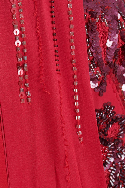 Red Silk Beaded Embroidery Robe With Beaded Tassel Sash