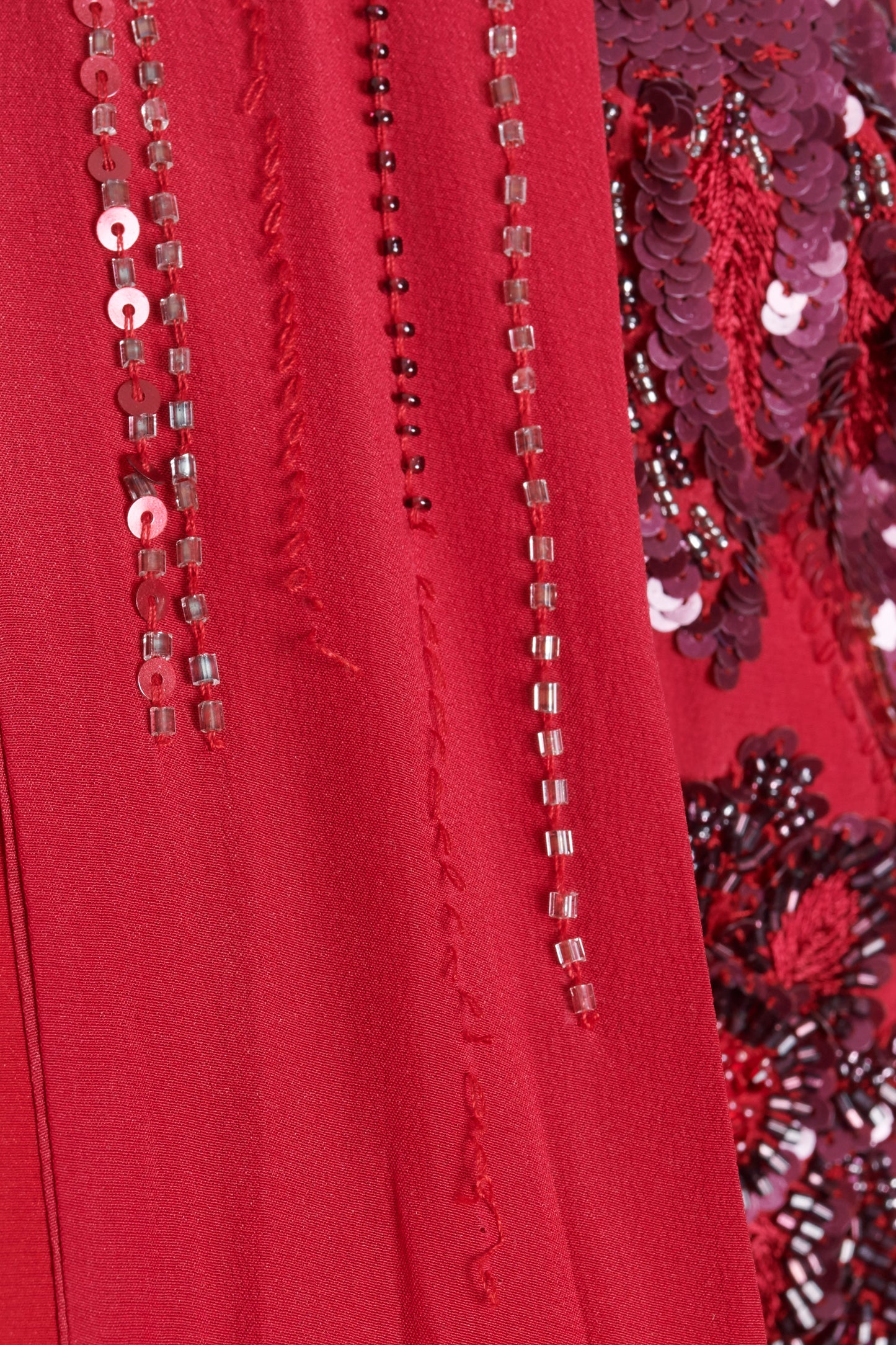 Red Silk Beaded Embroidery Robe With Beaded Tassel Sash