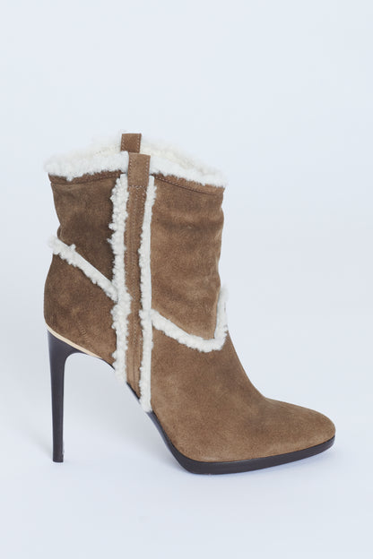 Brown Suede and Cream Shearling Preowned Heeled Boots