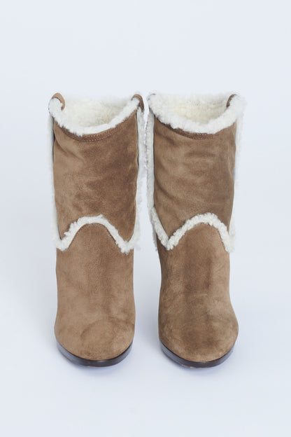 Brown Suede and Cream Shearling Preowned Heeled Boots