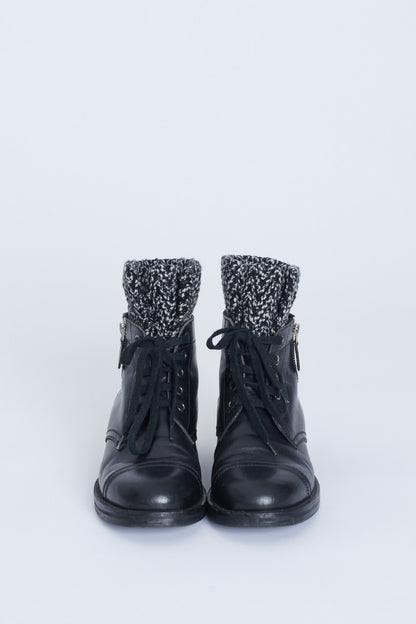 Black Leather Lace Up Preowned Biker Boots With Knitted Ankle Detail