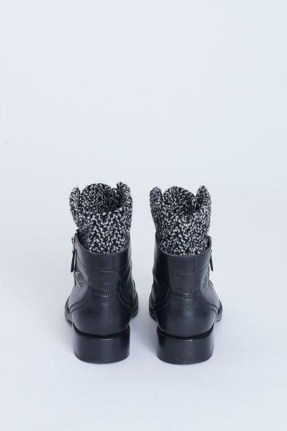 Black Leather Lace Up Preowned Biker Boots With Knitted Ankle Detail