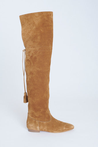 Tan Suede Calfskin Over The Knee Preowned Boots With Tassel