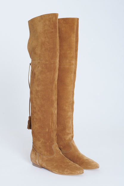 Tan Suede Calfskin Over The Knee Preowned Boots With Tassel