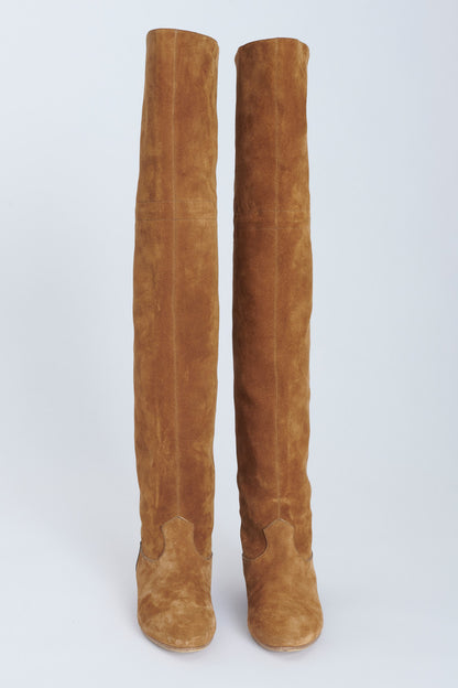 Tan Suede Calfskin Over The Knee Preowned Boots With Tassel