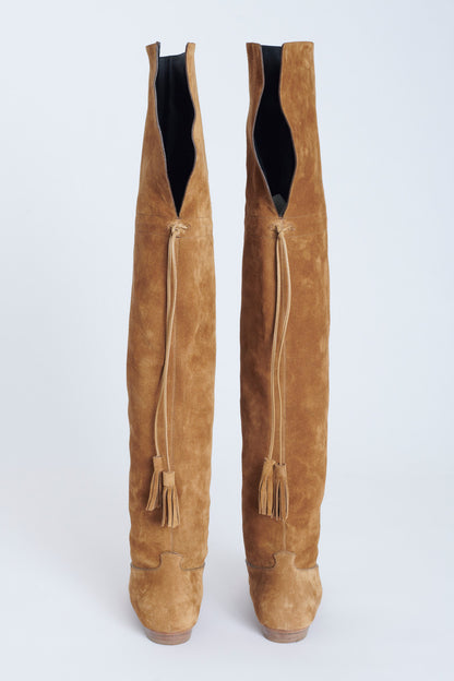 Tan Suede Calfskin Over The Knee Preowned Boots With Tassel