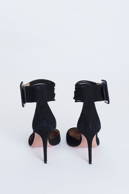 Black Suede Pointed Pumps With Buckled Ankle Strap