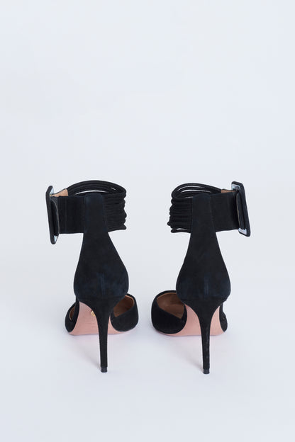 Black Suede Pointed Pumps With Buckled Ankle Strap