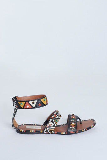 Printed Leather Flat Gladiator Sandals With Coloured Stone Studs