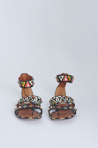 Printed Leather Flat Gladiator Sandals With Coloured Stone Studs