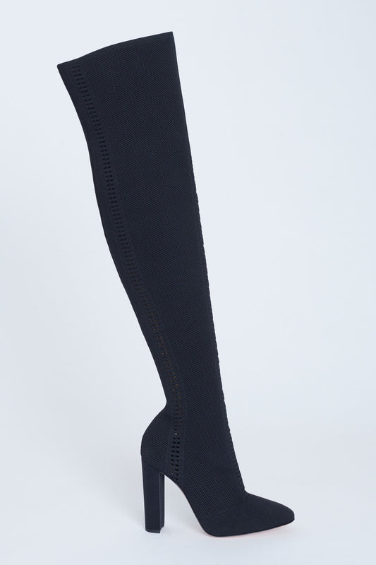 Black Perforated Stretch-Knit Over The Knee Preowned Boots