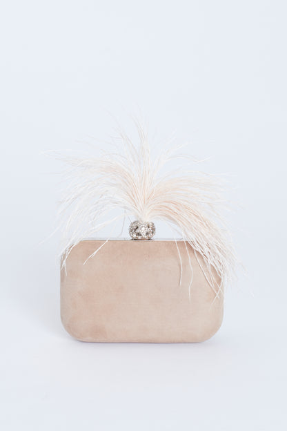 Ballet Pink Suede Cloud Clutch Bag With Feather And Crystal Clasp