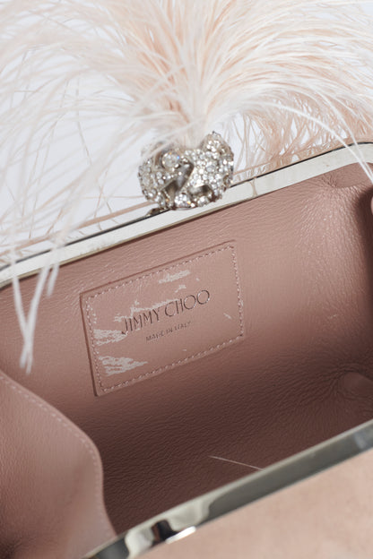 Ballet Pink Suede Cloud Clutch Bag With Feather And Crystal Clasp