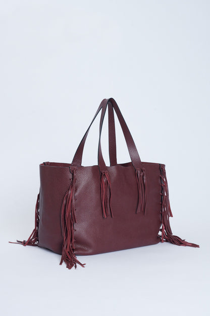 Burgundy C-Rockee Leather Fringe Preowned Tote Bag