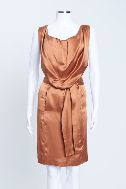 Copper Silk Knee Length Cowl Neck Dress With Tie Waist