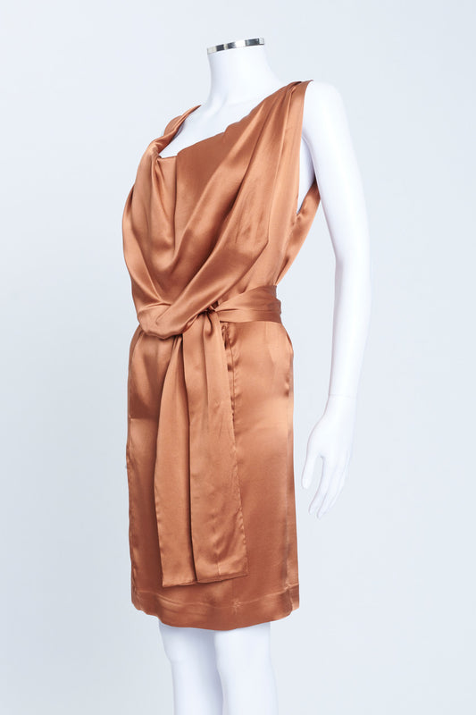 Copper Silk Knee Length Cowl Neck Dress With Tie Waist