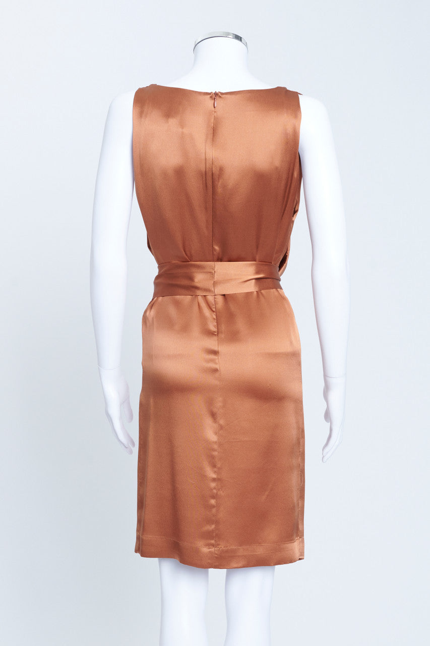 Copper Silk Knee Length Cowl Neck Dress With Tie Waist