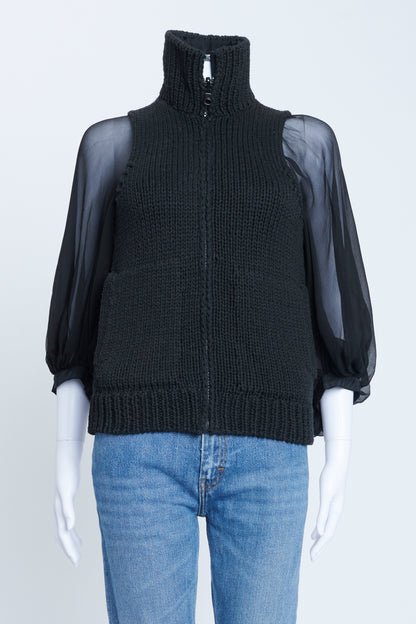 Black Wool Knitted Zip Up Preowned Top With Chiffon Sleeves