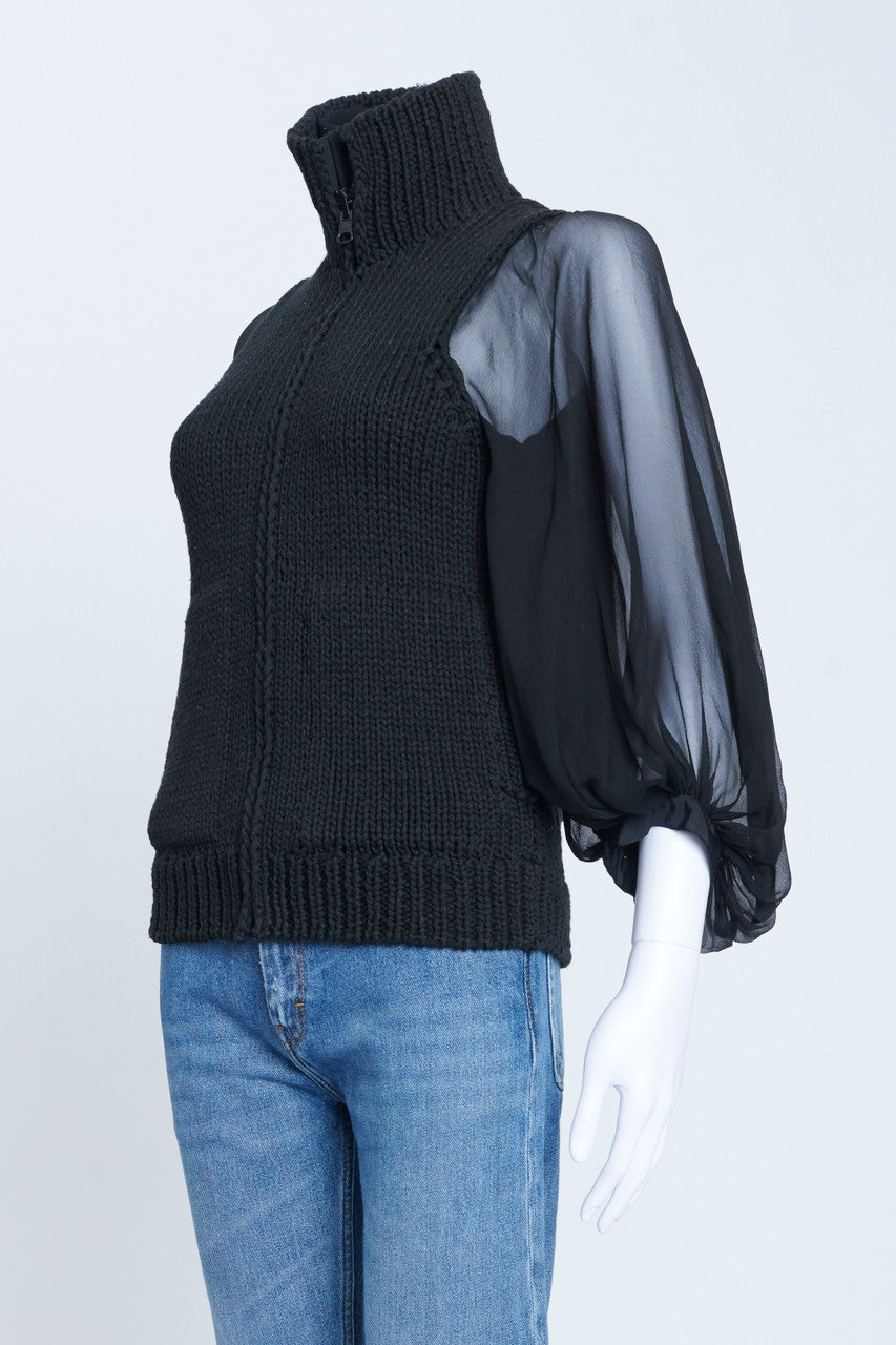 Black Wool Knitted Zip Up Preowned Top With Chiffon Sleeves