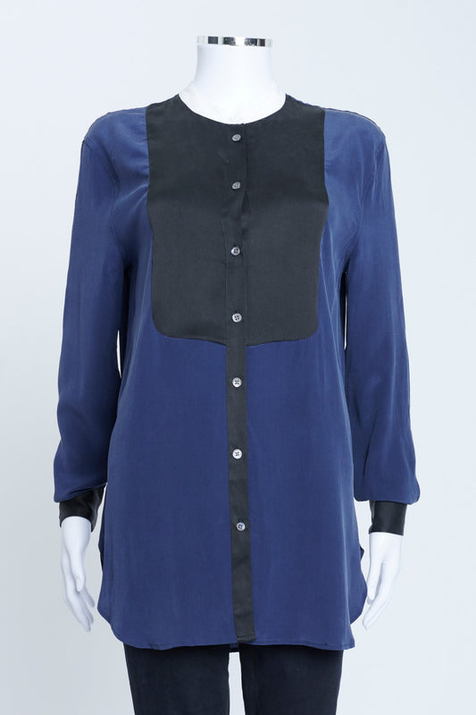 Navy Blue Silk Grandad Collar Shirt With Black Bib And White Collar