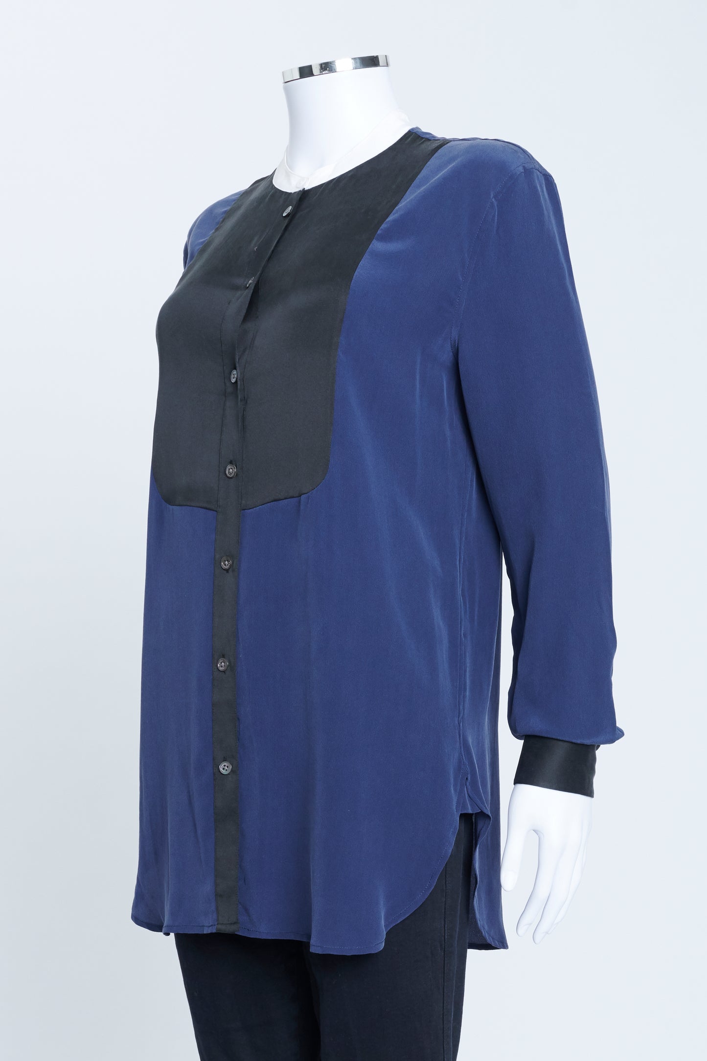 Navy Blue Silk Grandad Collar Shirt With Black Bib And White Collar