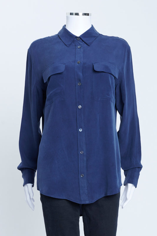Navy Blue Silk L-S Shirt With Front Pockets