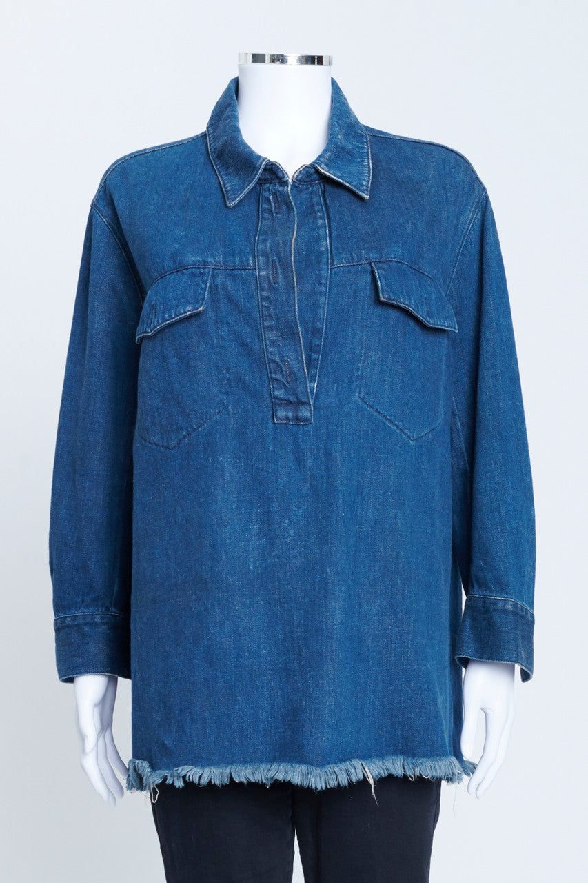 Blue Denim Collared Tunic Top With Frayed Hem