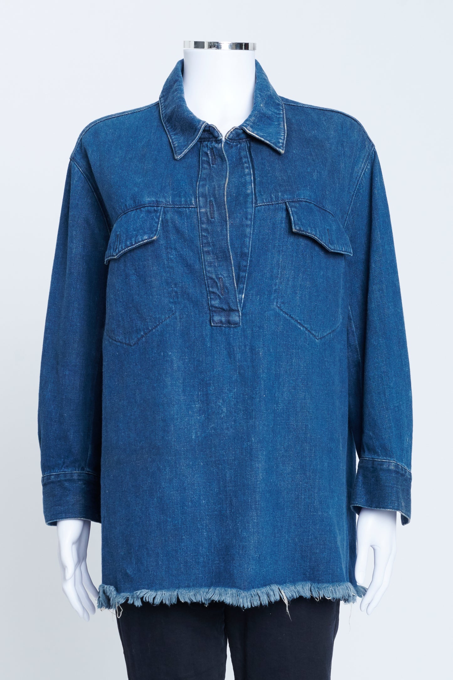 Blue Denim Collared Tunic Top With Frayed Hem