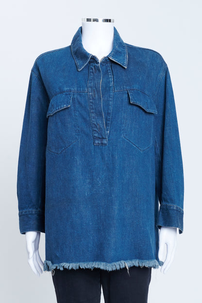 Blue Denim Collared Tunic Top With Frayed Hem