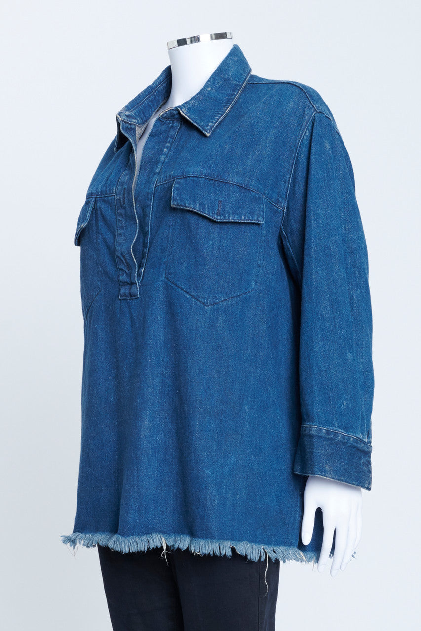 Blue Denim Collared Tunic Top With Frayed Hem