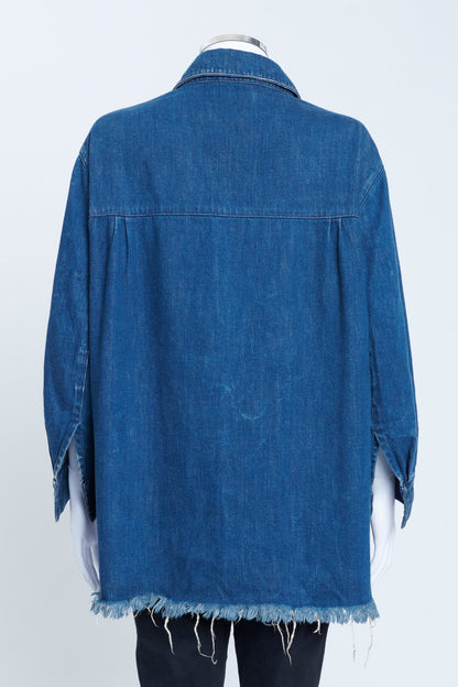 Blue Denim Collared Tunic Top With Frayed Hem