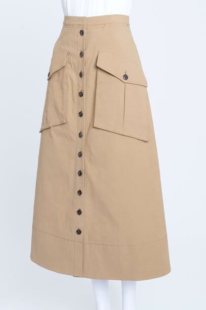 Camel Button Down Midi Skirt With Pockets