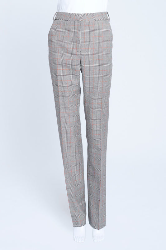 Grey and Red Houndstooth Wool Straight Leg Trousers