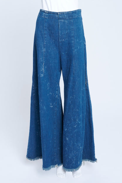 Blue Denim Wide Leg Jeans With Frayed Hem