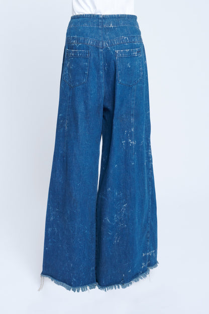 Blue Denim Wide Leg Jeans With Frayed Hem
