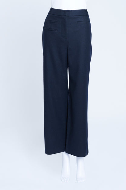 Navy Blue Boiled Wool Wide Leg Trousers