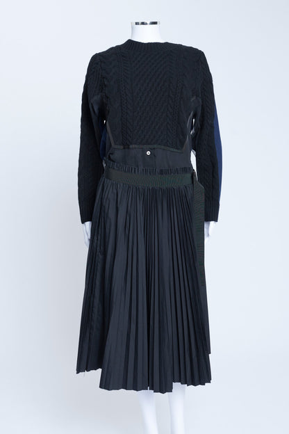 Black and Navy Knitwear Pleat Detail Midi Dress