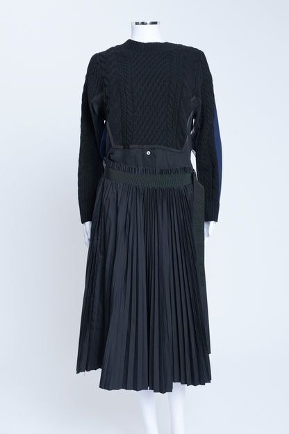 Black and Navy Knitwear Pleat Detail Midi Dress