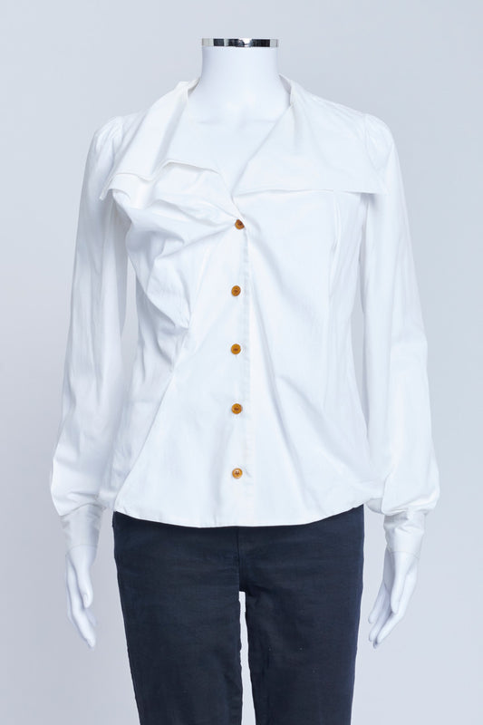 White Cotton Low Collar Shirt with Horn Coloured Buttons