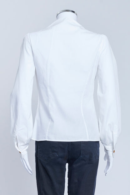White Cotton Low Collar Shirt with Horn Coloured Buttons