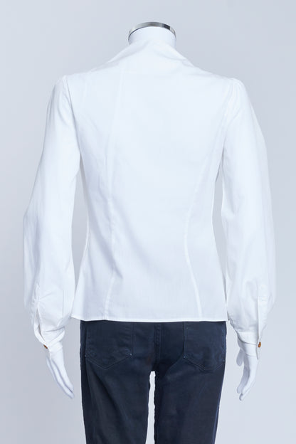 White Cotton Low Collar Shirt with Horn Coloured Buttons
