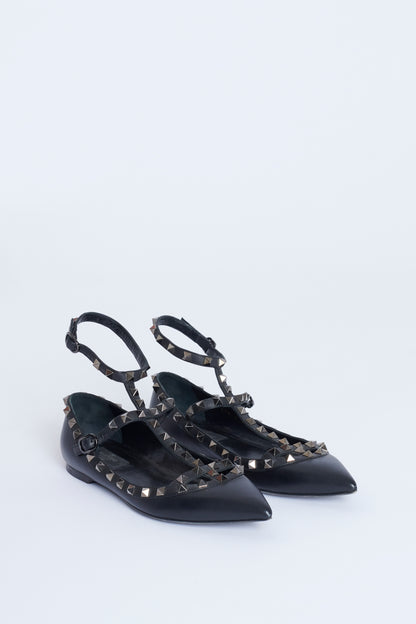Black Leather Rockstud Mary Jane Preowned Ballet Flats
