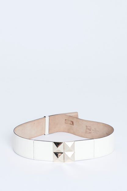 Cream Leather Wide Waist Belt With Gold Stud Closure