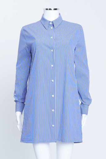Blue Striped Cotton Mix Long Shirt With Pockets and Pearl Buttons