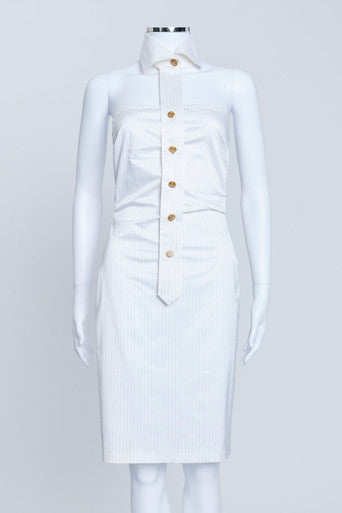 White Cotton Pinstripe Strapless Dress With Collar