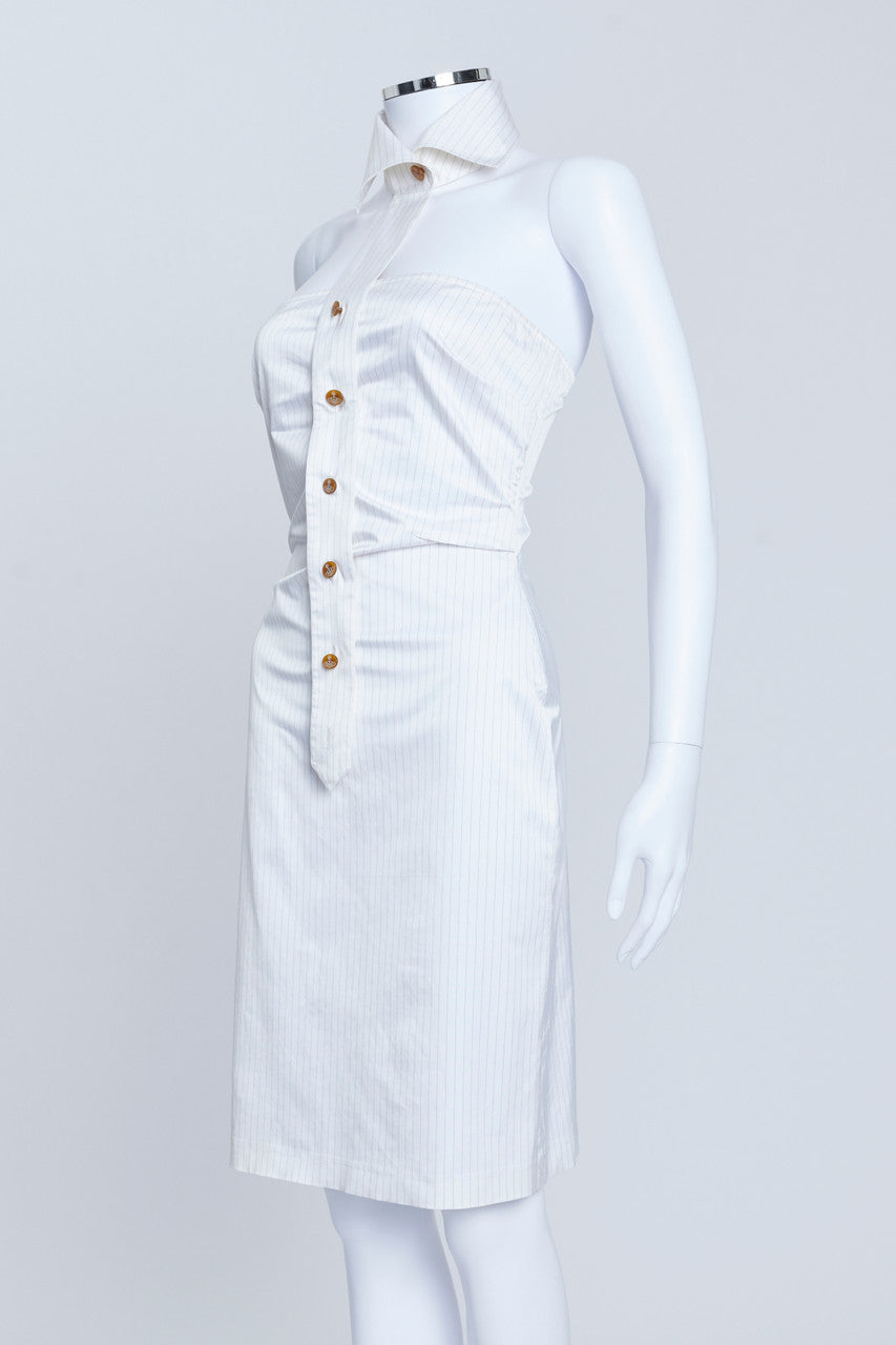 White Cotton Pinstripe Strapless Dress With Collar